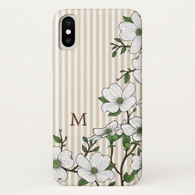 Coques Case-Mate iPhone Chic Dogwood Blossoms & Stripes Monogramme (Dos)