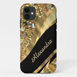 Coque iPhone 11 Chic élégant noir et or bling personnalisé