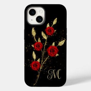 Coque Pour iPhone 14 Chic faux or Parties scintillant Feuilles Red Rose