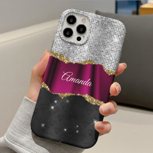 Case-Mate iPhone Case Chic faux paillettes argent monogramme Fuchsia noi