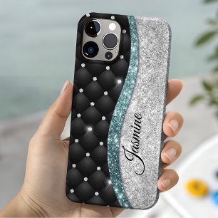 Case-Mate iPhone Case Chic fille faux paillettes argent noir sarcelle mo