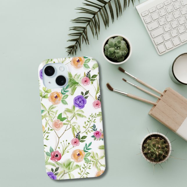 Coques Case-Mate iPhone Chic Floral Décontracté (Watercolor Purple Peach Red Floral with Greenery iPhone or Samsung case)