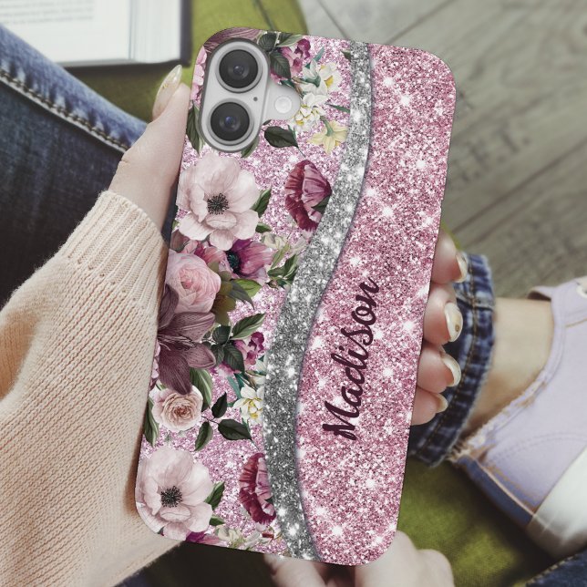 Coques Case-Mate iPhone Chic floral glittery Purple rose argent monogramme (Créateur téléchargé)