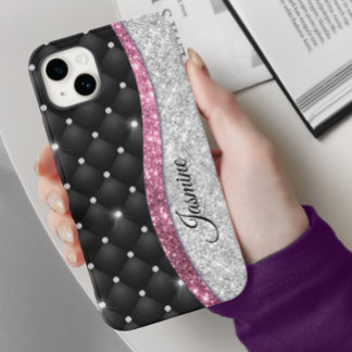 Coque Pour iPhone 14 Chic girly faux parties scintillant argent noir ro