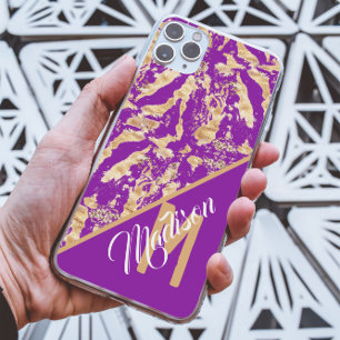 Coque Pour iPhone 14 Chic Golden Marble violet Custom monogramme initia