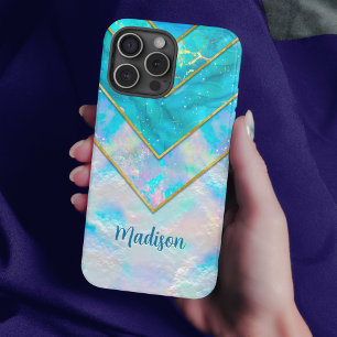 Coques iPhone 16 Pro Chic holographique girly style bleu