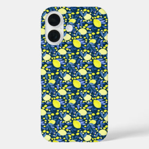 Coques iPhone 16 Chic Méditerranéen Rustique Citrons Feuille Bleue