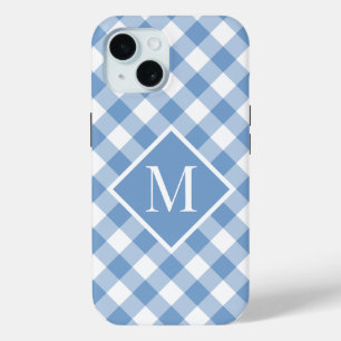 Coque Pour iPhone 15 Chic Monogramme Bleu clair En vichy chèque