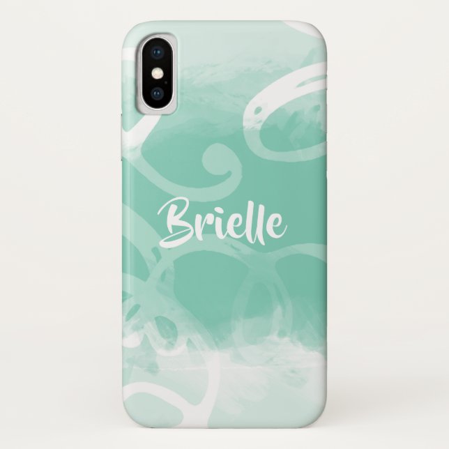 Coques Case-Mate iPhone Chic Neo Mint Vert Aquarelle Fissures Avec Nom (Dos)