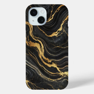 Coque Pour iPhone 15 Chic noir et or métallisé marbre look glamour