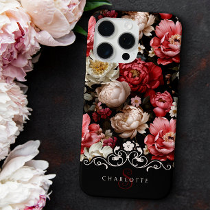 Coque iPhone 15 Pro Max Chic Personnalisé Peony foncé Floral-Noir Étiquett