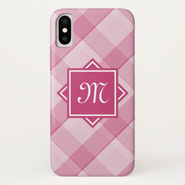 Coques Case-Mate iPhone Chic Pink Plaid Avec Monogramme Diagonal Moderne (Dos)
