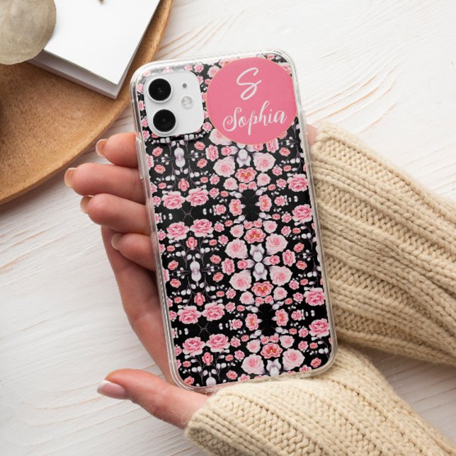 Coques Case-Mate iPhone Chic rose fleur noire esthétique Monogramme person (Créateur téléchargé)