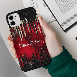 Coque Pour iPhone 14 Chic rouge noir gouttes parties scintillant monogr