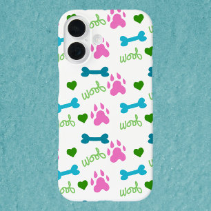 Coques iPhone 16 Chien Empreinte de patte Bones Coeurs Woof Pink Bl