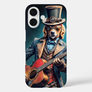 Coques iPhone 16 Chien Golden Retriever steampunk jouant de la guit
