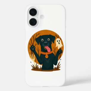 Coques iPhone 16 Chien noir mignon effrayant avec fantôme 