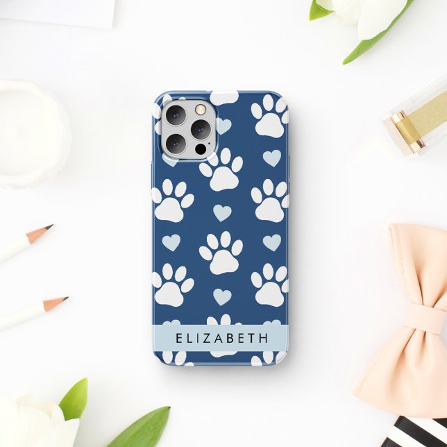 Coques Case-Mate iPhone Chien Paws, White Paws, Blue Hearts, Votre Nom (Créateur téléchargé)
