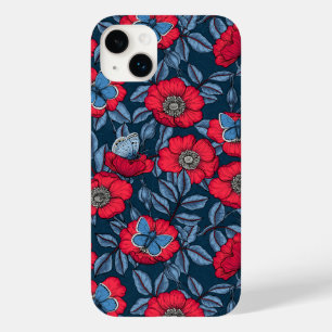 Coque Pour iPhone 14 Plus Chien rose et papillons en bleu et rouge