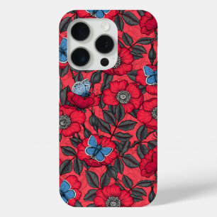 Coque iPhone 15 Pro Chien rose et papillons en rouge et bleu