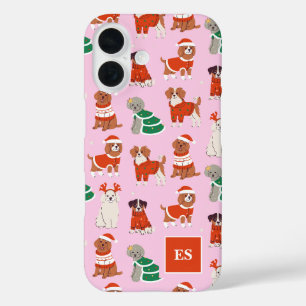 Coques iPhone 16 Chiens de Noël roses Monogramme de fille personnal