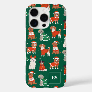 Coques iPhone 16 Pro Chiens de Noël verts Monogramme de fille personnal