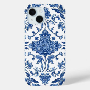 Coque Pour iPhone 15 Chinoiserie Florale Bleue sur Fond Blanc Aquarelle