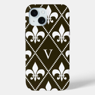 Coque Pour iPhone 15 Chocolat Fleur de Lis avec monogramme