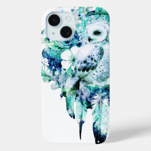 Coque Pour iPhone 15 Chouette à neige Dreamcatcher Vert et bleu Turquoi