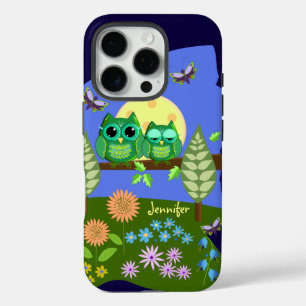 Coques iPhone 16 Pro Chouettes mignonnes en Terrain d'été & Nom personn
