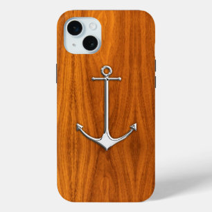 Coque iPhone 15 Mini Chrome Ancre nautique sur bois de teck