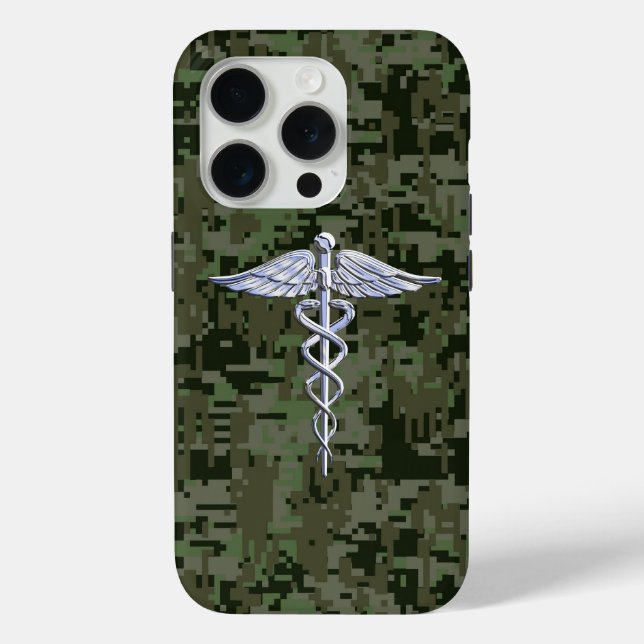 Coques Case-Mate iPhone Chrome Comme Caduceus Symbole sur Camouflage Vert (Verso)