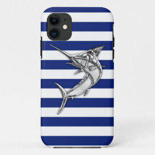 Coque iPhone 11 Chrome marlin Swordfish sur Nautical Stripes