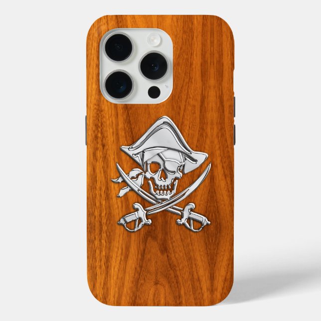 Coques Case-Mate iPhone Chrome Pirate Crossbones sur le bois de teck (Verso)