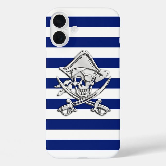 Coques Case-Mate iPhone Chrome Pirate Crossbones sur les rayures de marine (Verso)