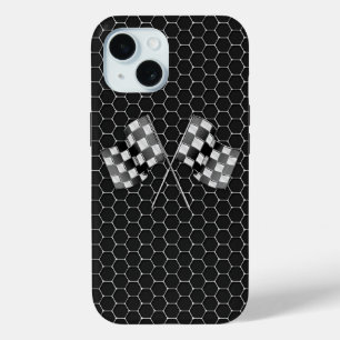 Coque Pour iPhone 15 Chrome Racing drapeaux sur Honeycombs