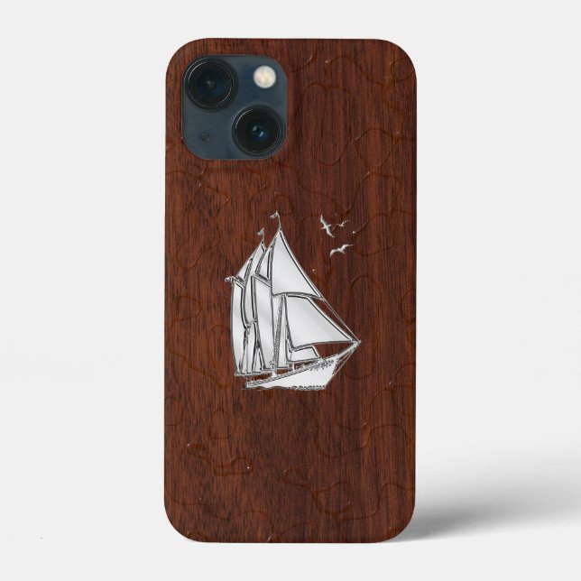 Coques Case-Mate iPhone Chrome Sailboat sur Wet Mahogany Imprimer (Verso)