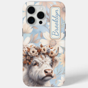 Coque iPhone 15 Pro Max Chute Florale Vache Highland