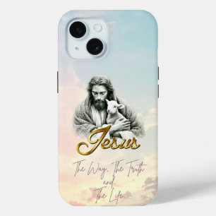 Coque Pour iPhone 15 Ciel pastel chic chrétien Jésus agneau or script