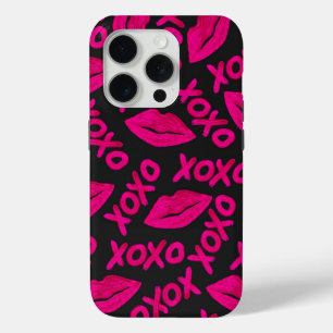 Coque iPhone 15 Pro Citation XOXO noir Neon rose lèvres Motif