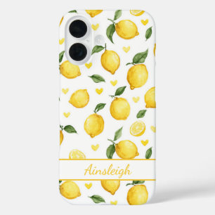 Coques iPhone 16 Citrons à l'aquarelle avec monogramme cœurs