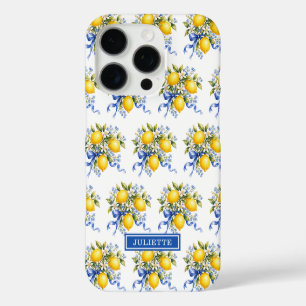 Coques iPhone 16 Pro Citrons à l'aquarelle avec monogramme de fleurs bl
