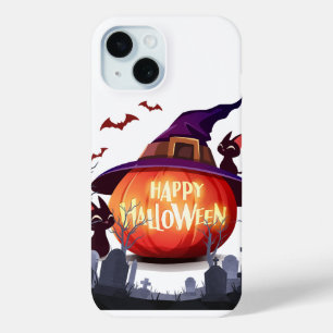 Coque Pour iPhone 15 Citrouille d'Halloween, Casquette sorcier et chats