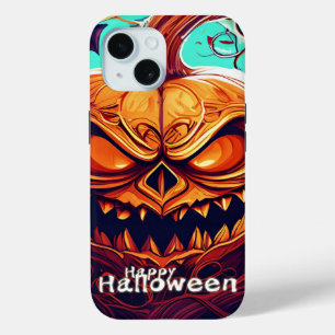 Coque Pour iPhone 15 Citrouille orange effrayante avec visage, Hallowee