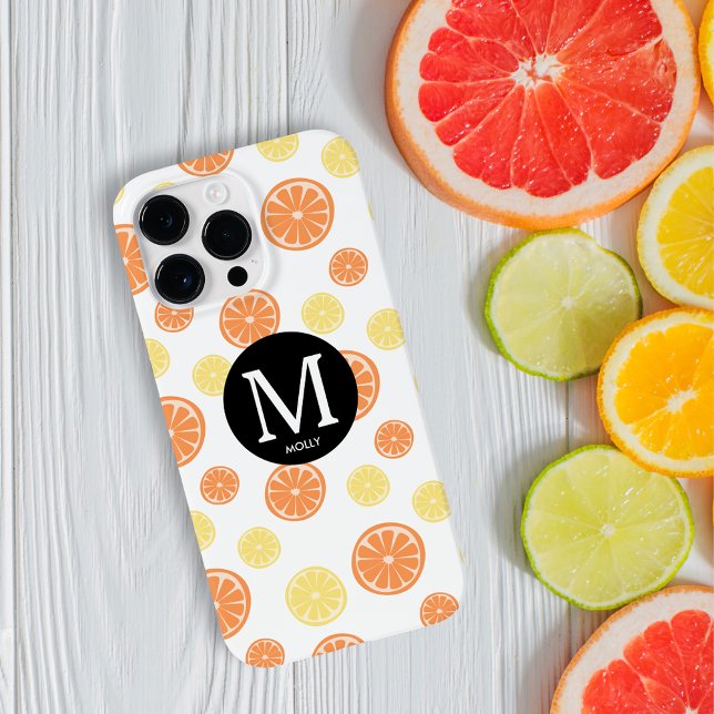Coques Case-Mate iPhone Citrus Motif Citron orange Monogramme rond Blanc (Créateur téléchargé)