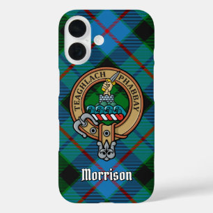 Coques iPhone 16 Clan Morrison Crest sur la chasse Tartan