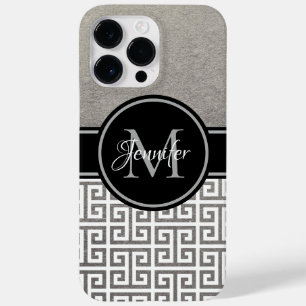 Coque Pour Pour iPhone 14 Pro Max Clé grecque monogramme noir et blanc feuille d'arg