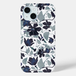 Coque Pour iPhone 15 Clematis Marine Grey Floral Aquarelle Motif