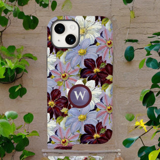 Coque Pour iPhone 14 Clematis vintage de lavande et d'aquarelle bordeau