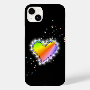 Coque Pour iPhone 14 Plus Coeur arc-en-ciel avec étoiles sur noir